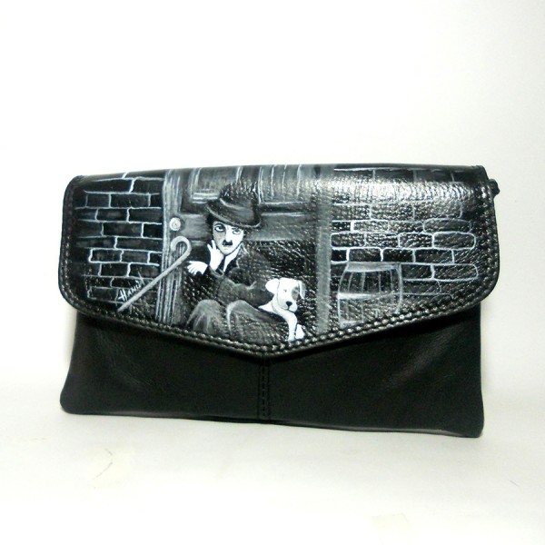 Borsa Pochette dipinta a mano VITA DA CANI Charly Chaplin