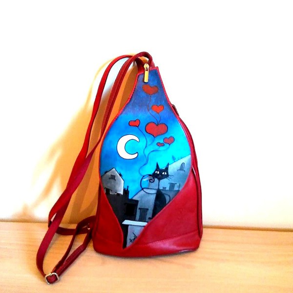 zaino borsa in pelle dipinta a mano gatti innamorati
